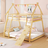 Twin Over Queen Bunk Bed, Wood House Bunk Bed for Kids with Climbing Nets and Ramp