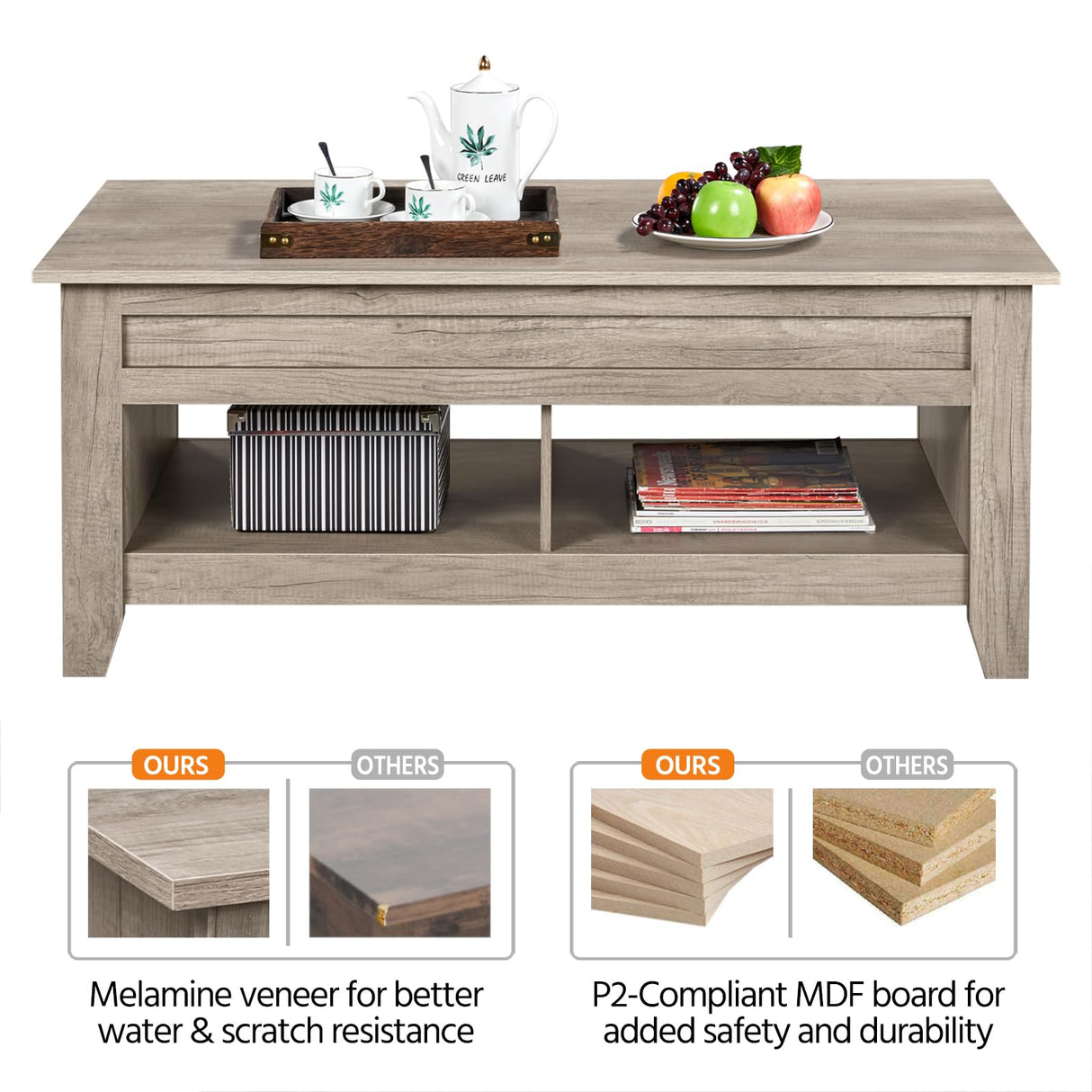 Lift Top Coffee Table with Hidden Storage Compartment & Lower Shelf