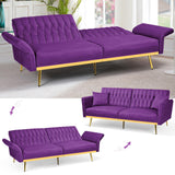 70” Velvet Futon Sofa Bed with 2 Pillows and Adjustable Armrests, Convertible Sleeper Bed