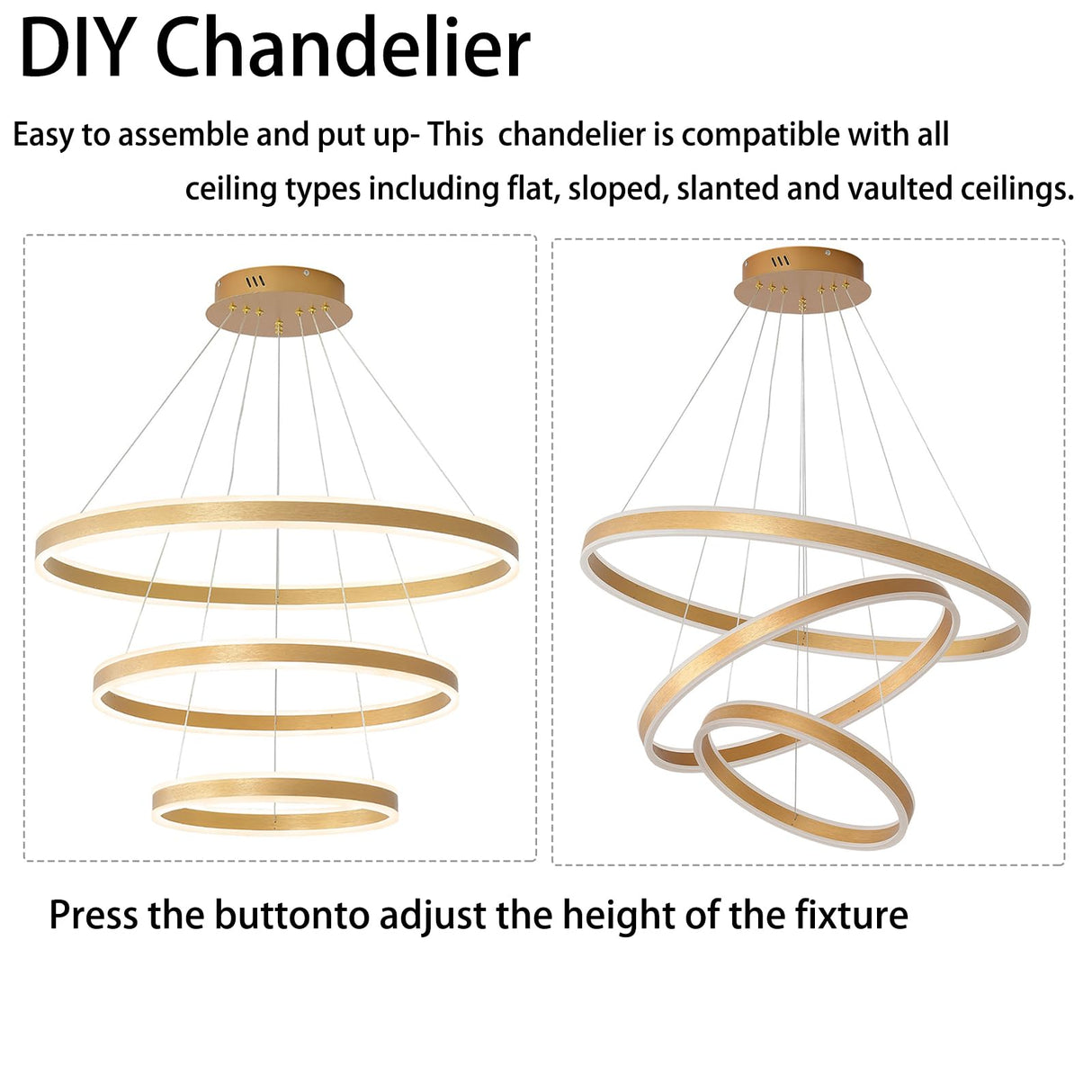 Modern LED Chandelier, 3 DIY Rings Dimmable Ceiling Pendant Lighting with Remote