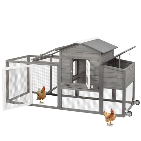 Wooden 79" Chicken Coop with Wheels Asphalt Roof Nest Boxes Pull-Out Trays