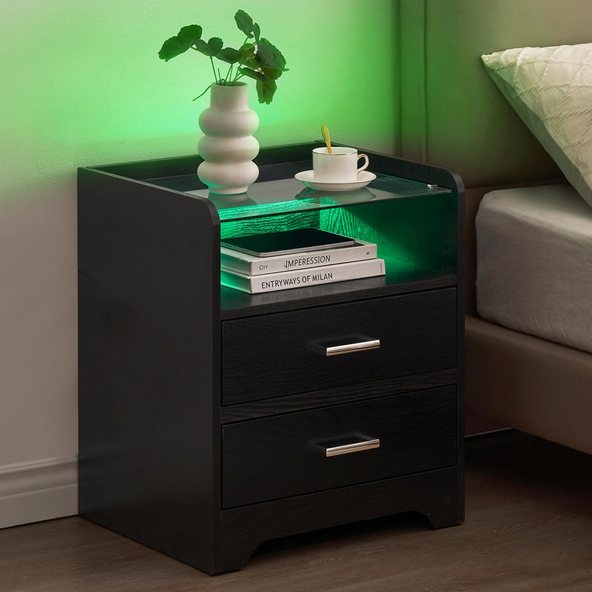 Smart LED Night Stand with 2 Drawers and Glass Top, Modern Bedside Table with LED