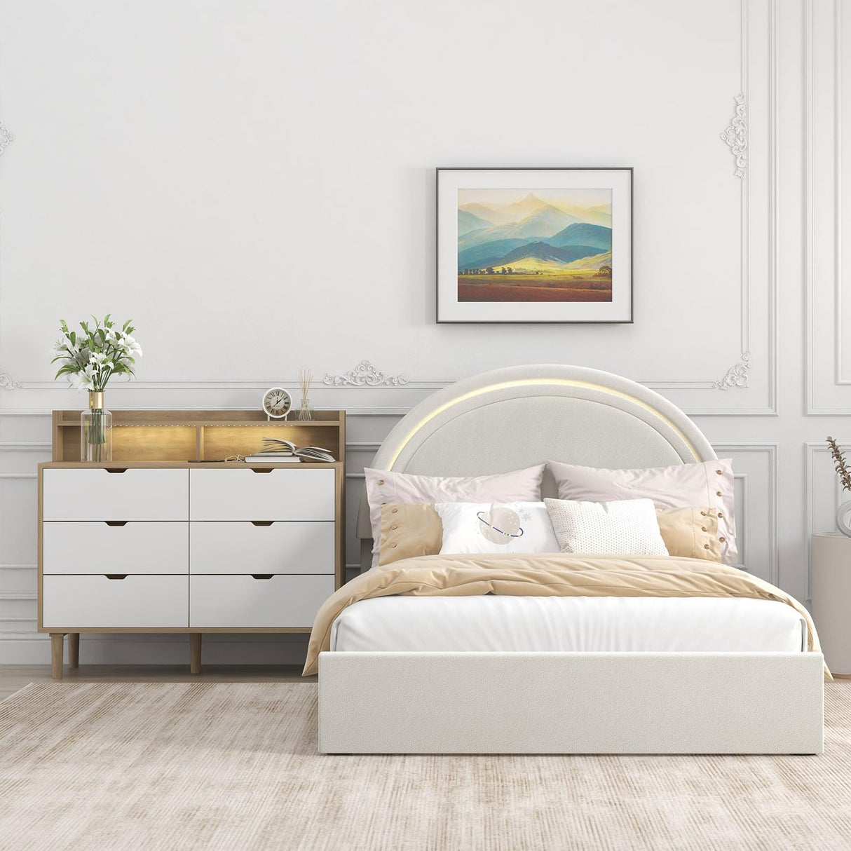 Full Size Bed Frame with Elegant Round Headboard, Platform Bed Frame with 4 Storage Drawers,