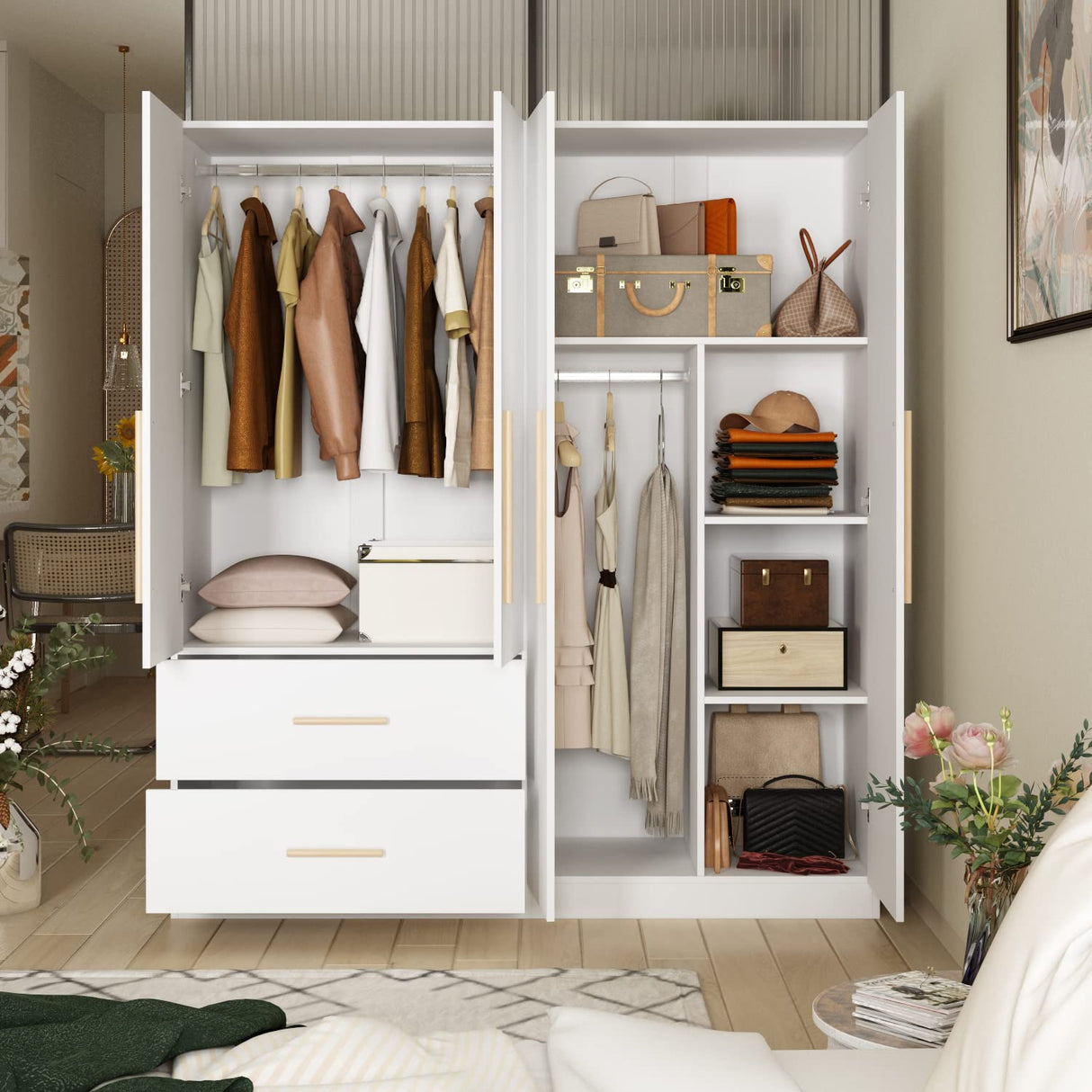 White 4-Door Wardrobe Armoire Wooden Closet with 2 Drawers, 6 Storage Cubes