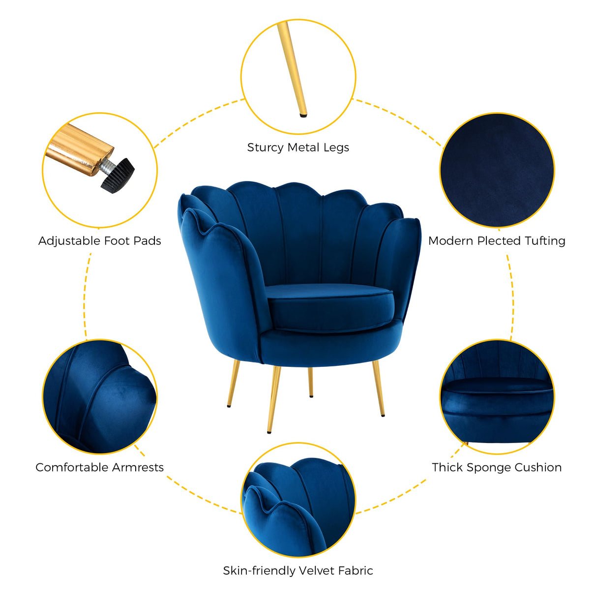 Mid Century Modern Upholstered Accent Chair,Retro Leisure Velvet Single Sofa with Golden Metal Legs for Living Room/Bedroom(Navy Blue)