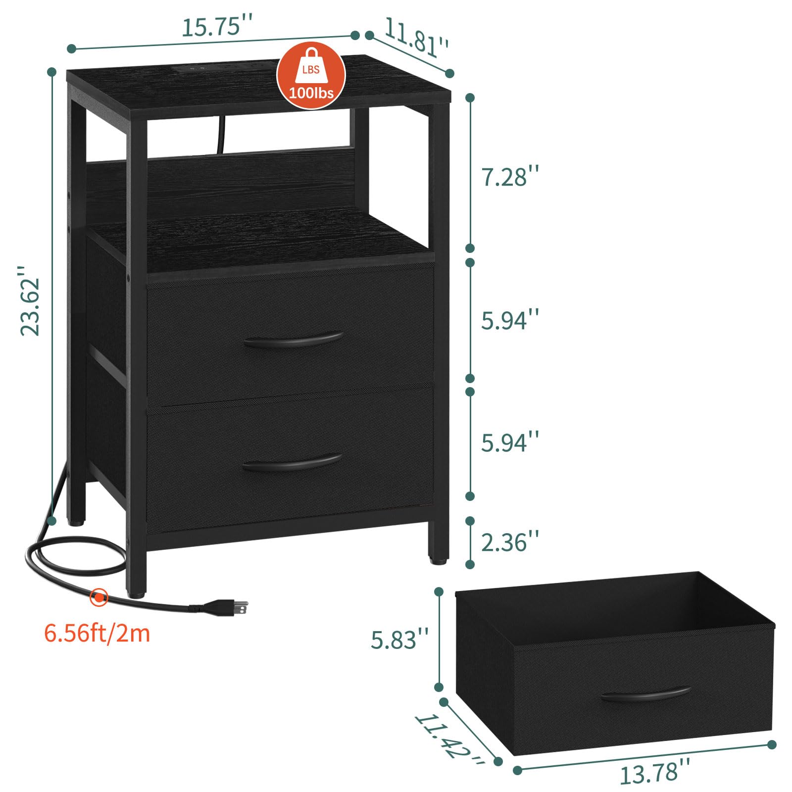 Nightstand with Charging Station, LED Night Stand with Fabric Drawers tlets