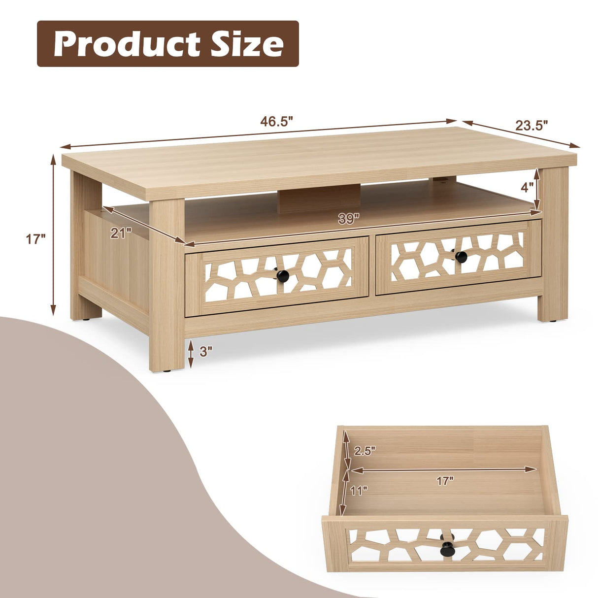 3-Tier Coffee Table, 47" Rectangular Center Table w/Acrylic Mirror Design, Wooden Table