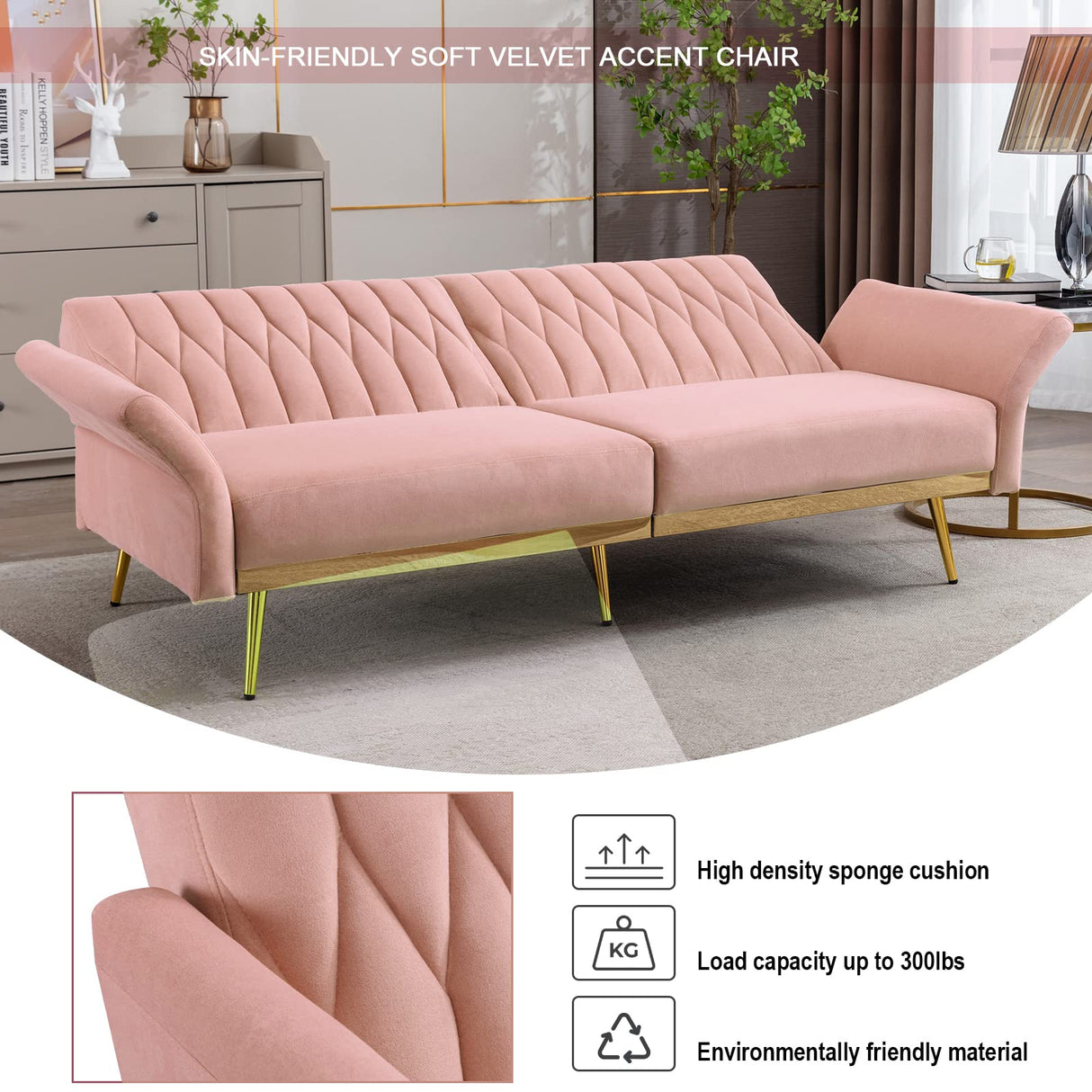 Velvet Convertible Futon Sofa Bed with Golden Metal Legs,