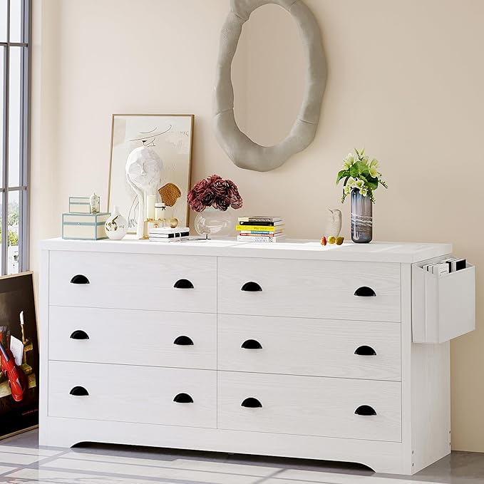 Dresser for Bedroom 6 Drawer with Charging Station, TV Stand Storage Chest of Drawers for Living Room Hallway