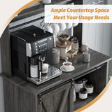 Farmhouse Coffee Bar Cabinet with Storage, Gray Coffee Bar with 6 Hooks