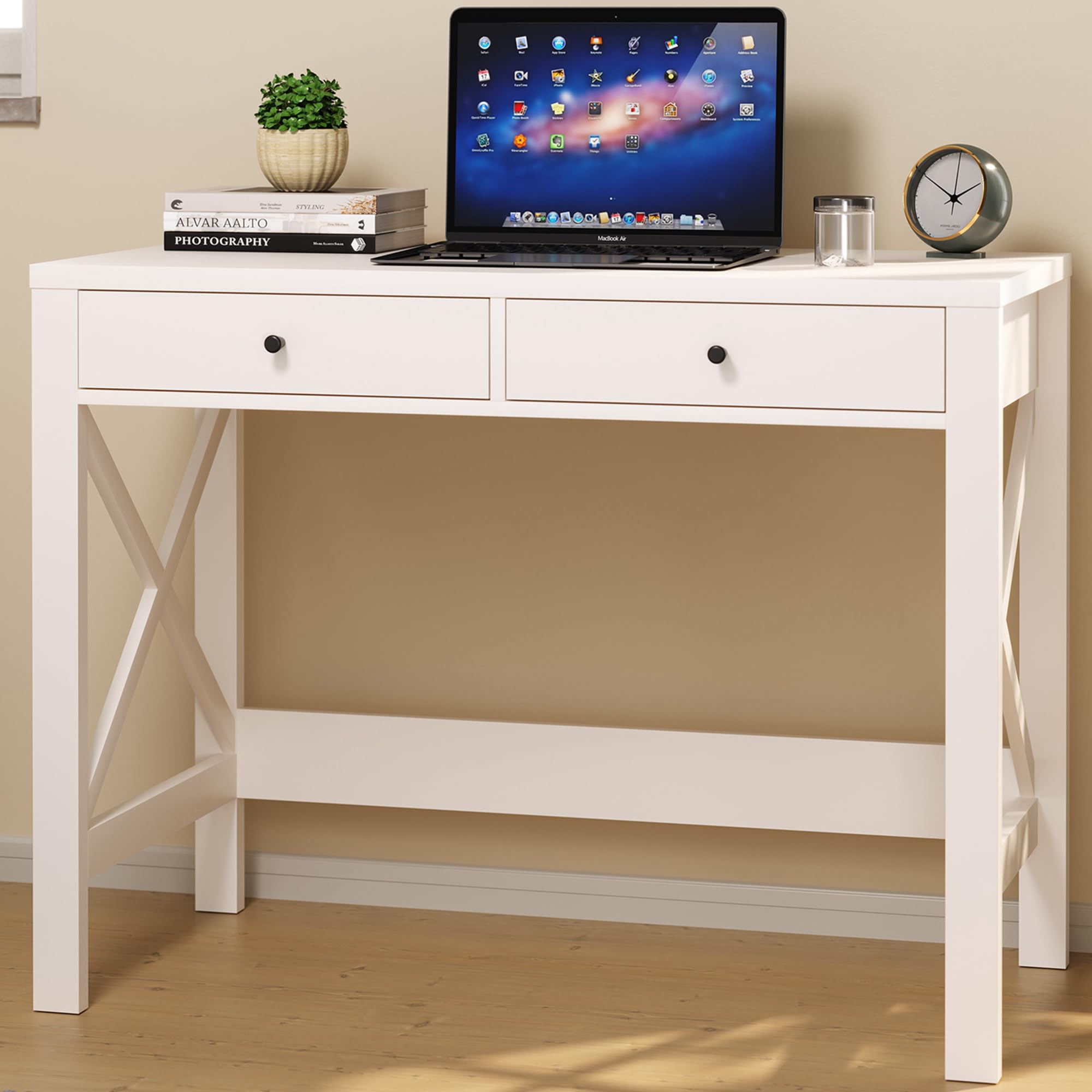 White Office Computer Desk with 2 Drawers - Small Writing Desk