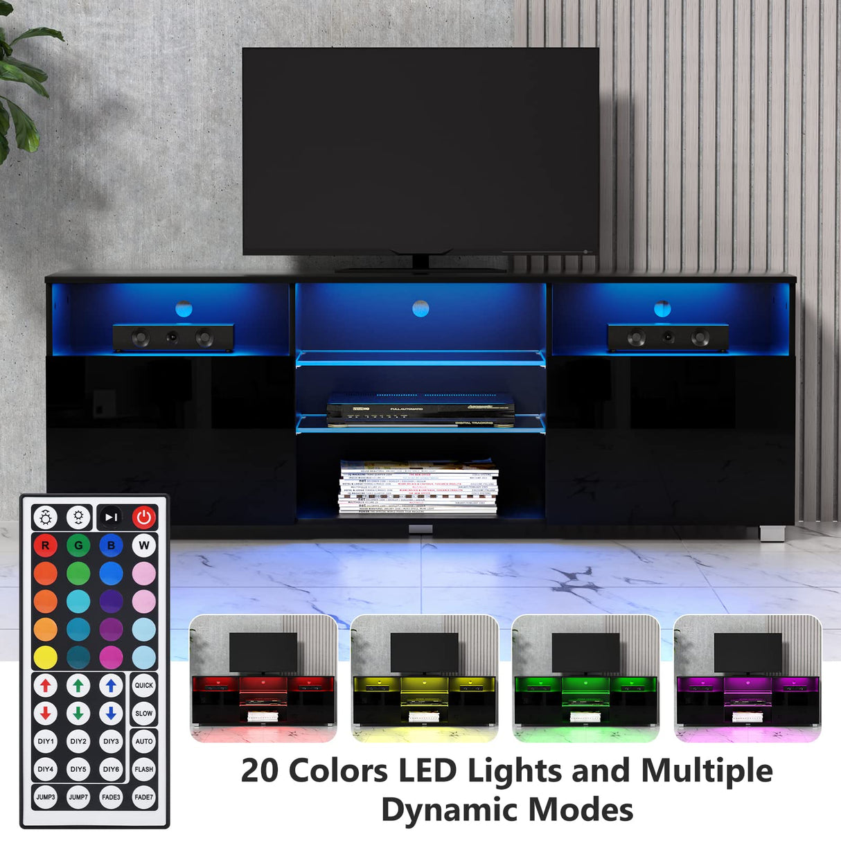 LED TV Stand for 65 inch TVs, Modern TV Stand with LED Lights and High Glossy Cabinets