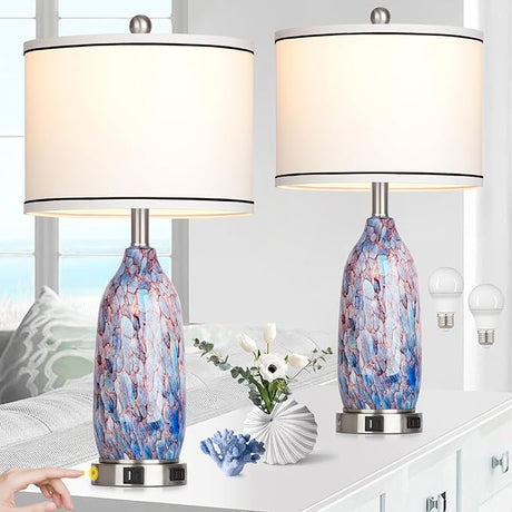 26" Modern Clear Glass Table Lamps Set of 2,Nightstand Lamp with USB A+C Ports & AC