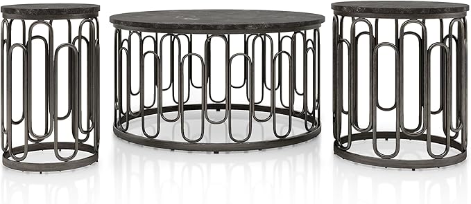 Davis Modern Round Coffee Table with Marble Top & Sturdy Metal Legs & Open Shelf for Living Room