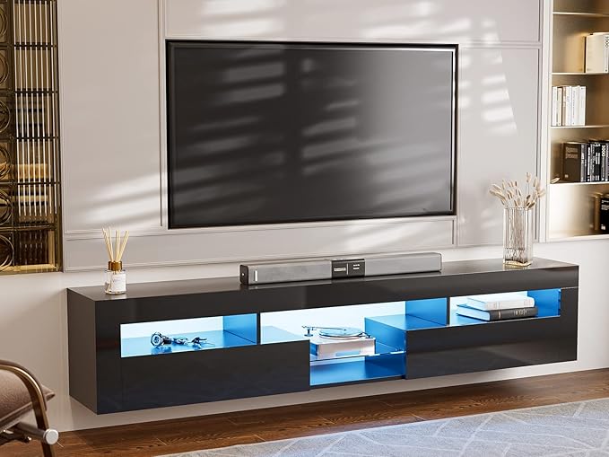 Floating TV Stand for 85+ inch TV, White High Glossy Wall Mounted Haning TV Stand with 2