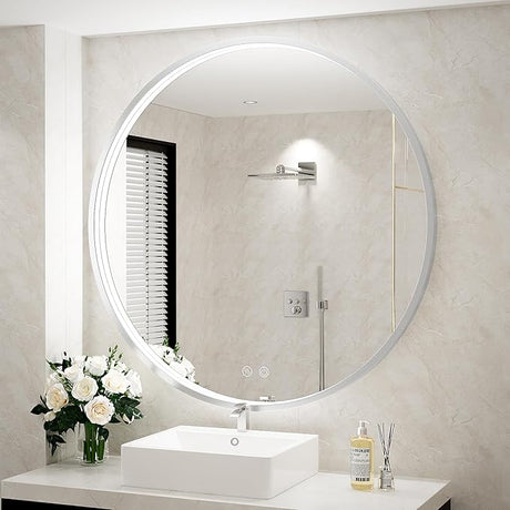 28 Inch LED Black Frame Round Mirror,Round Bathroom Mirror with Light,Anti-Fog & Dimmable