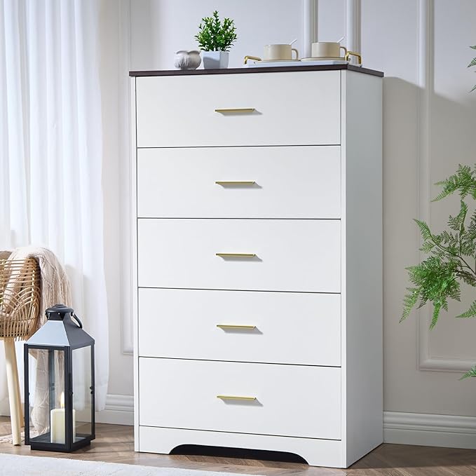 White Dresser for Bedroom Wooden, 5 Drawer Dressers & Chests of Drawers, Modern Wood Tall Dresser, 47 Inches Tall Chest of Drawers for Bedroom, Hallway, Living Room