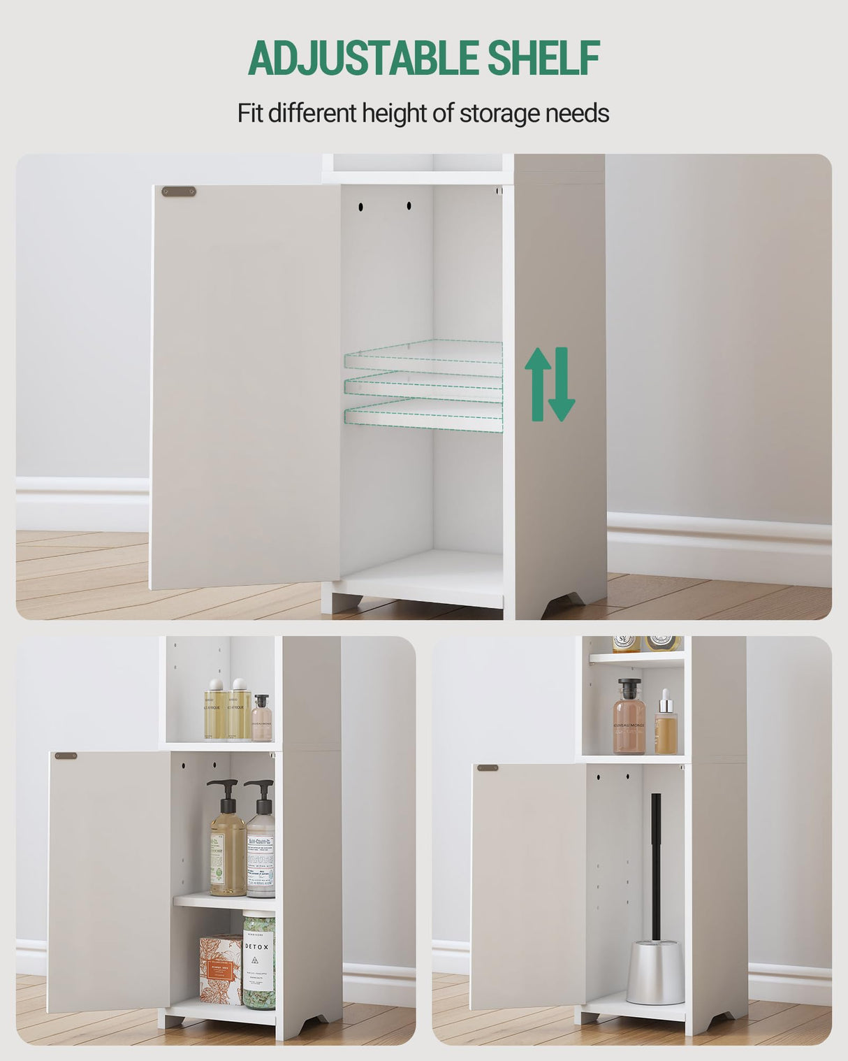 Bathroom Storage Cabinet, Corner Floor Cabinet with Doors and Adjustable Shelf, Narrow