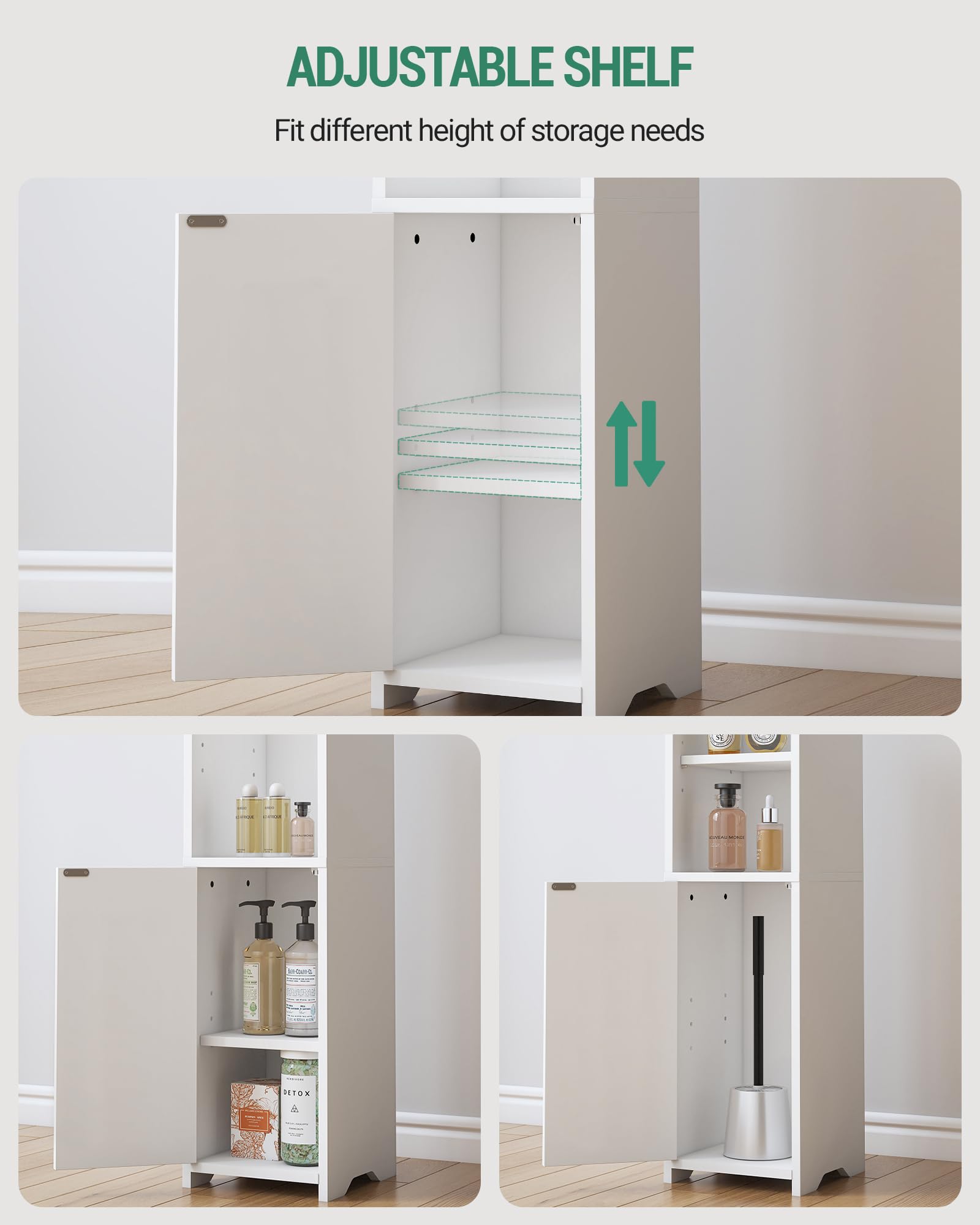 Bathroom Storage Cabinet, Corner Floor Cabinet with Doors and Adjustable Shelf, Narrow