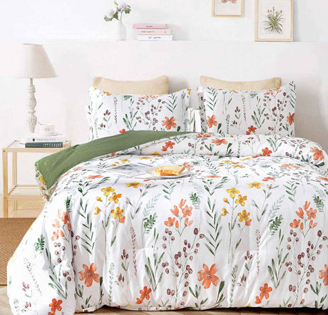 Queen Size Comforter Set, White Yellow Floral, Green Leaf Pattern Print