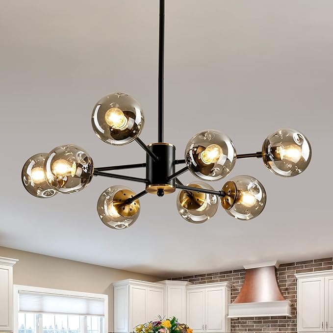 12-Light Sputnik Chandelier with Glass Globe - Mid Century Modern Black & Gold