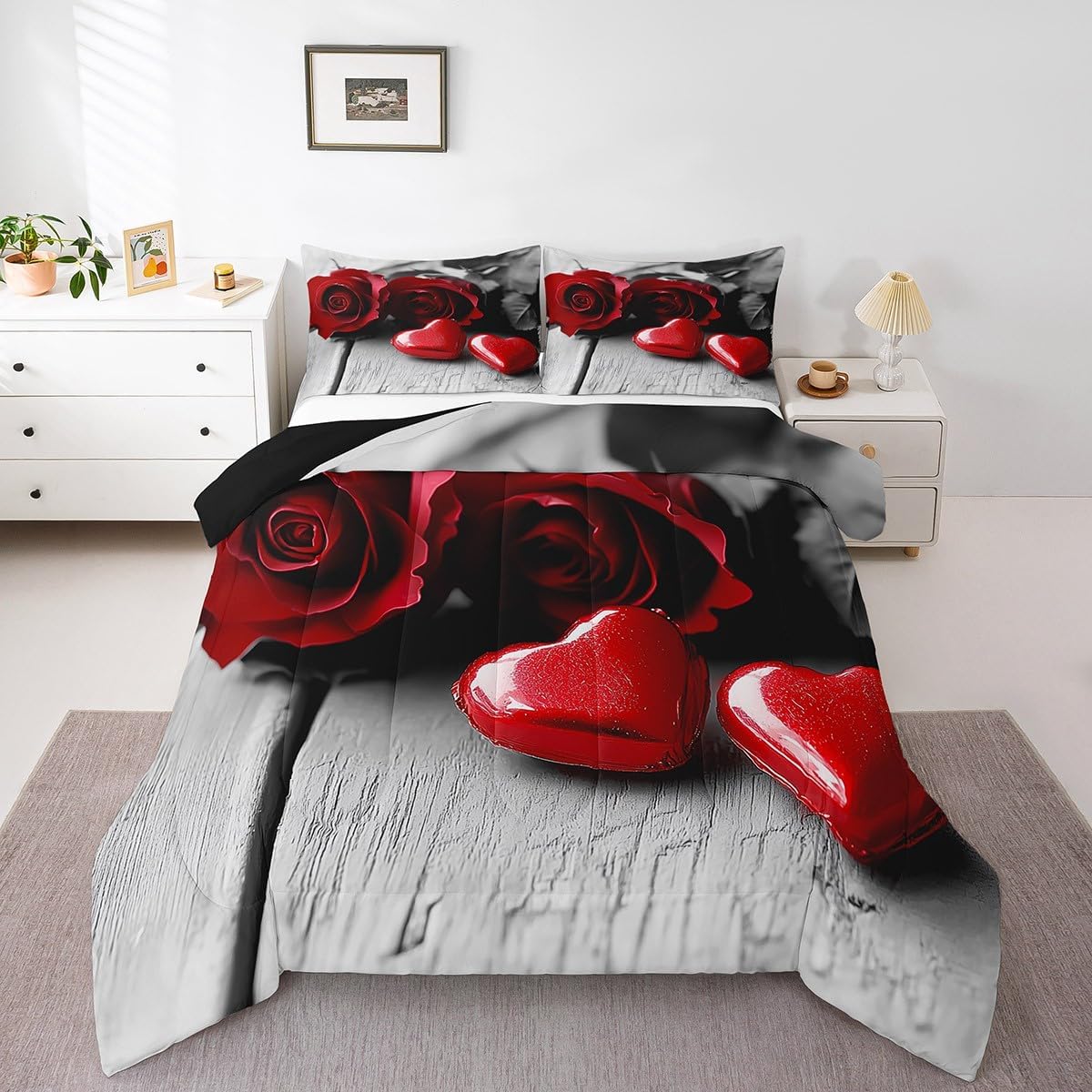 Grey Red Floral Rose King Comforter Set,Gothic Romantic Flower Rose Bedding Set