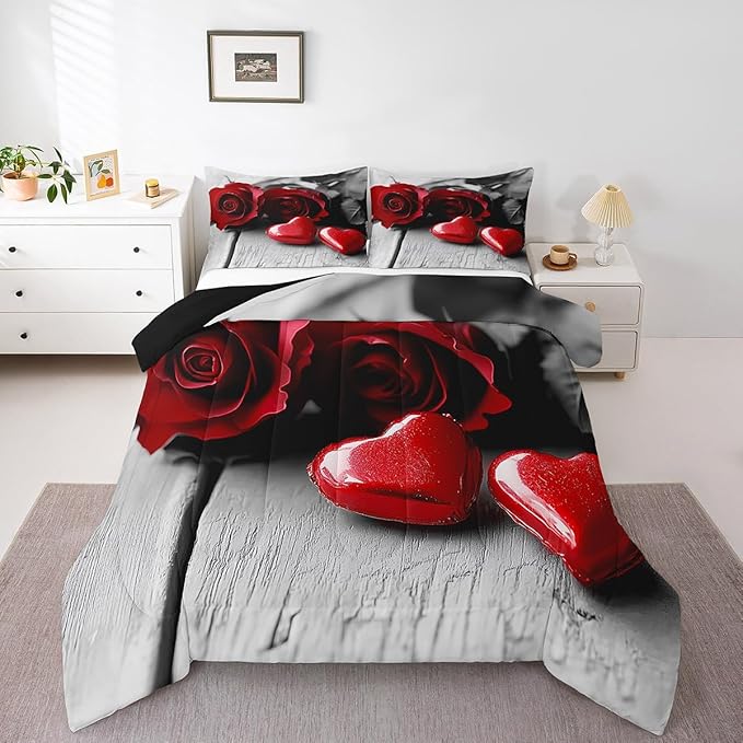 Grey Red Floral Rose King Comforter Set,Gothic Romantic Flower Rose Bedding Set