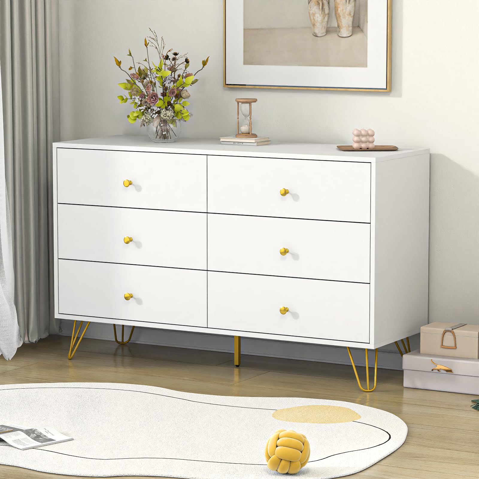 White Dresser for Bedroom, 6 Drawer Dresser with Golden Handles and Golden Legs