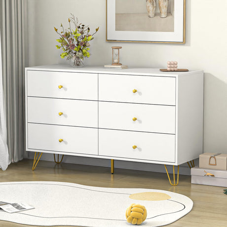 White Dresser for Bedroom, 6 Drawer Dresser with Golden Handles and Golden Legs