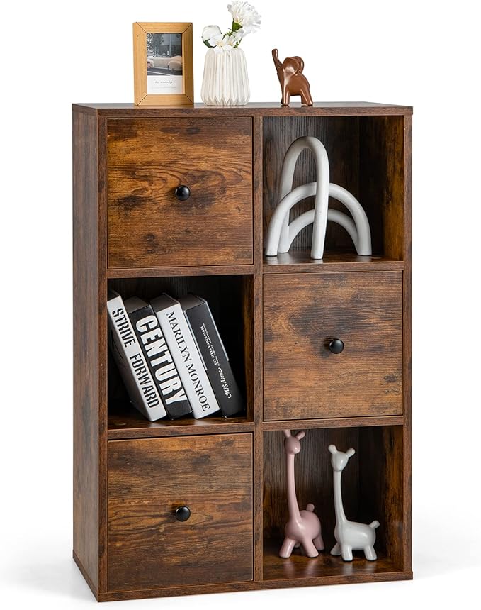Cube Bookcase with Drawers, 3-Tier Modern Wood Bookshelf with Anti-toppling Device,