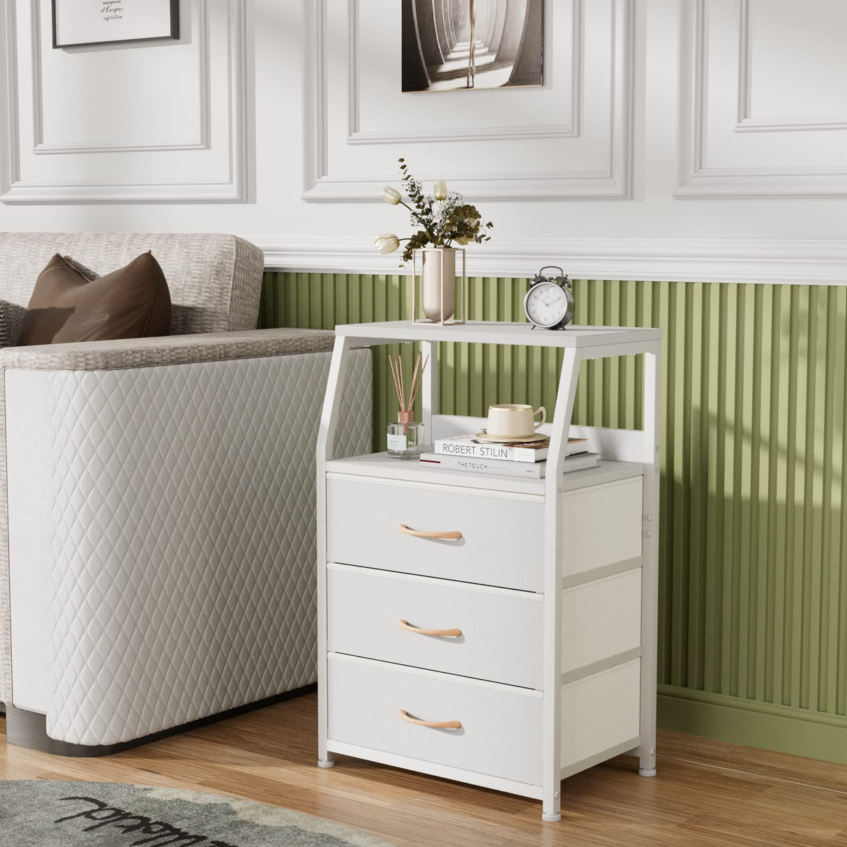 Nightstand with 3 Drawers and 2-Tier Shelf, Small Night Stand