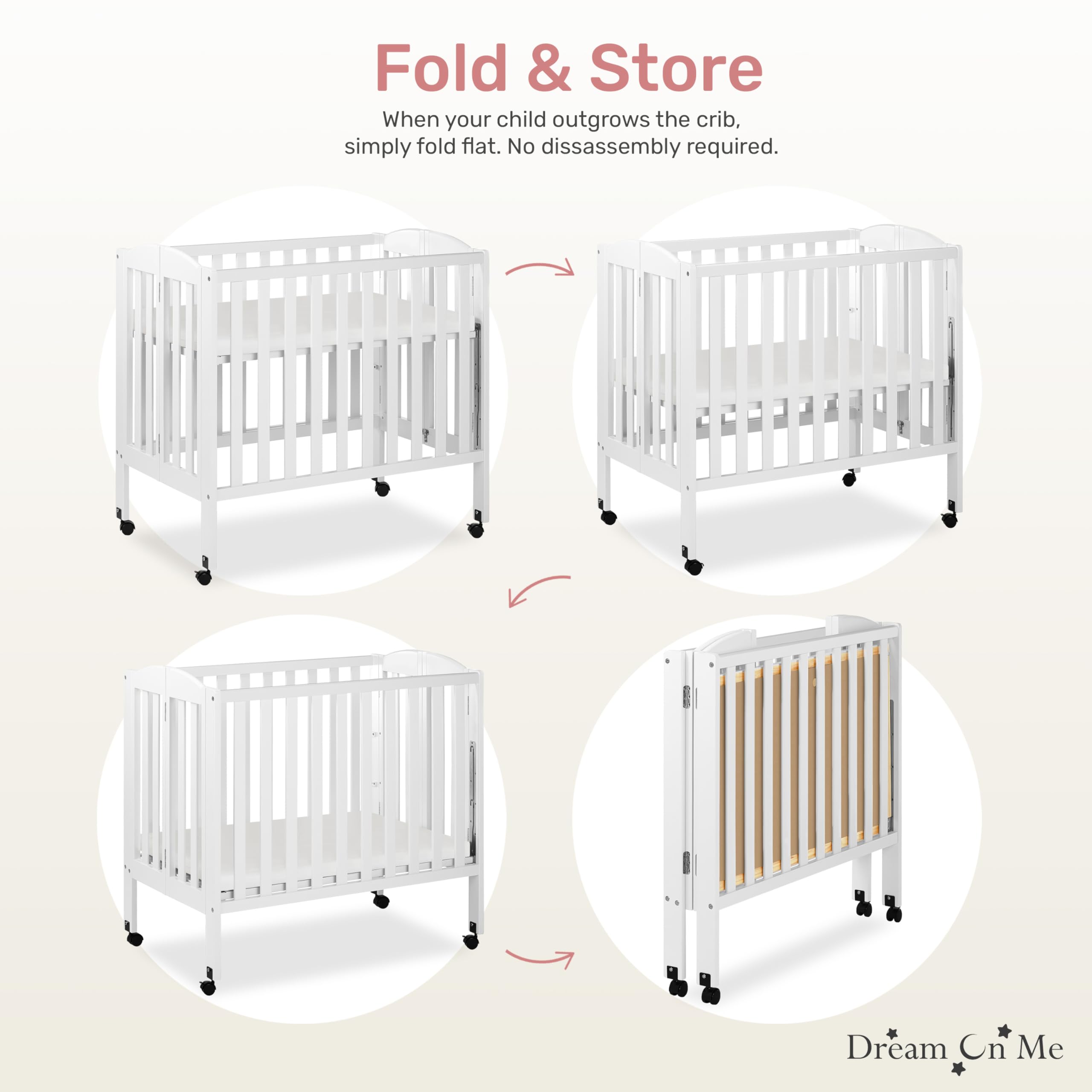 3 in 1 Portable Folding Stationary Side Crib in White, Greenguard Gold Certified, Safety Wheel with Locking Casters, Convertible, 3 Mattress Heights