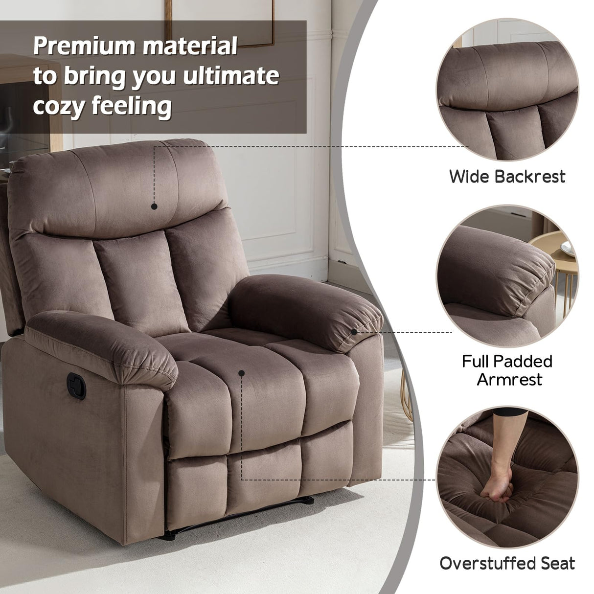 Manual Recliner Chairs, Soft Fabric Reclining Chair with Overstuffed Arm and Back,