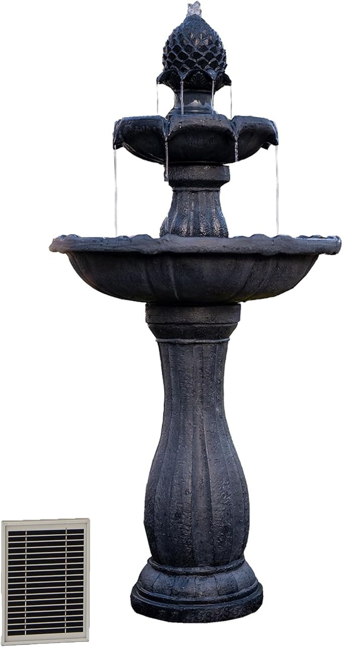 44" Tall Black Fiberglass/Resin 2-Tiered Solar Water Fountain w/Solar Panel and Auto-Shut