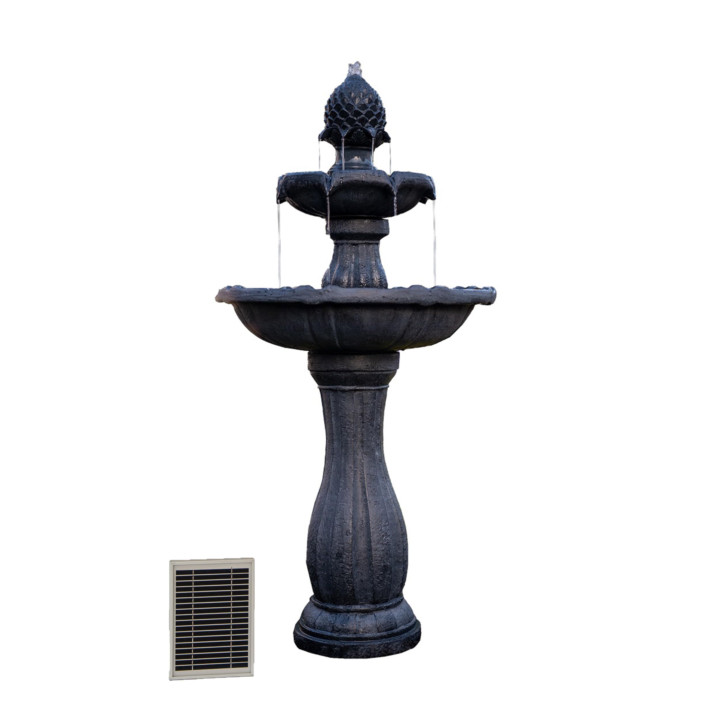 44" Tall Black Fiberglass/Resin 2-Tiered Solar Water Fountain w/Solar Panel and Auto-Shut