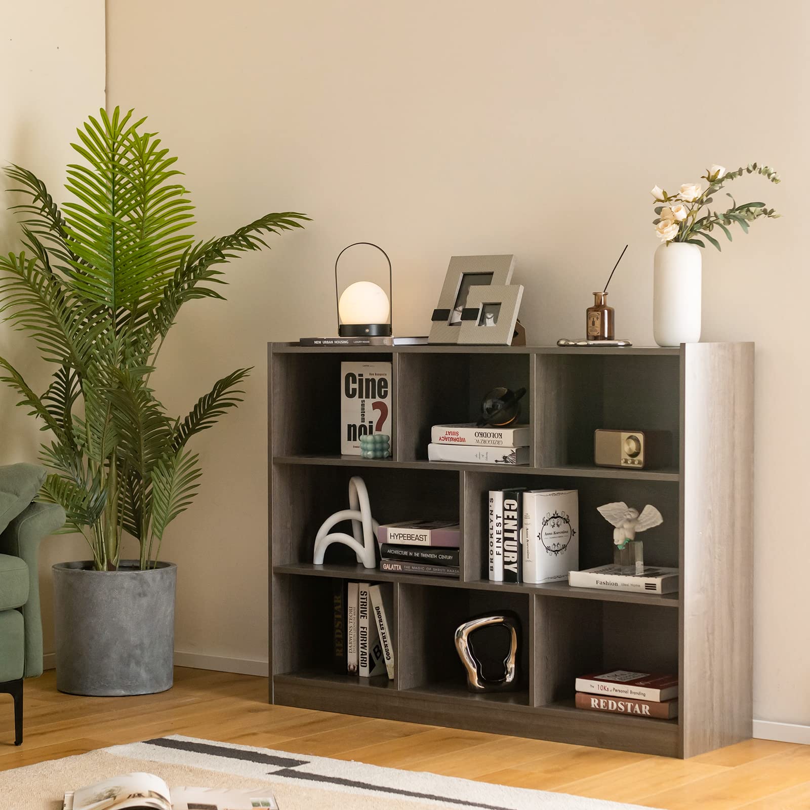 8 Cube Bookcase, Freestanding 3-Tier Open Bookshelf, Modern Storage Display Cabinet, Wood Cube Storage Organizer for Living Room, Kid’s Room, Grey