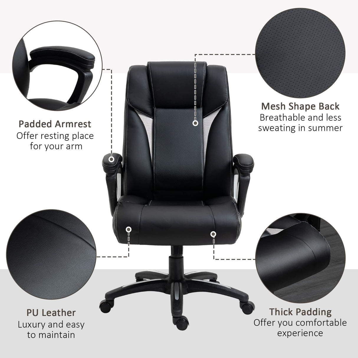 Vinsetto Ergonomic High Back Executive Office Chair with Padded Armrests, Adjustable Height PU Leather Computer Desk Chair with Breathable Mesh Backrest, 360° Swivel, Rocking Feature, Wheels