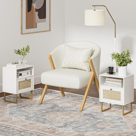 Rattan Nightstand,Modern Boho Farmhouse Wood Bedside Table with Storage Drawer and Open Shelf,Small Gold Frame Side End Table for Bedroom,Living Room,Office(White)