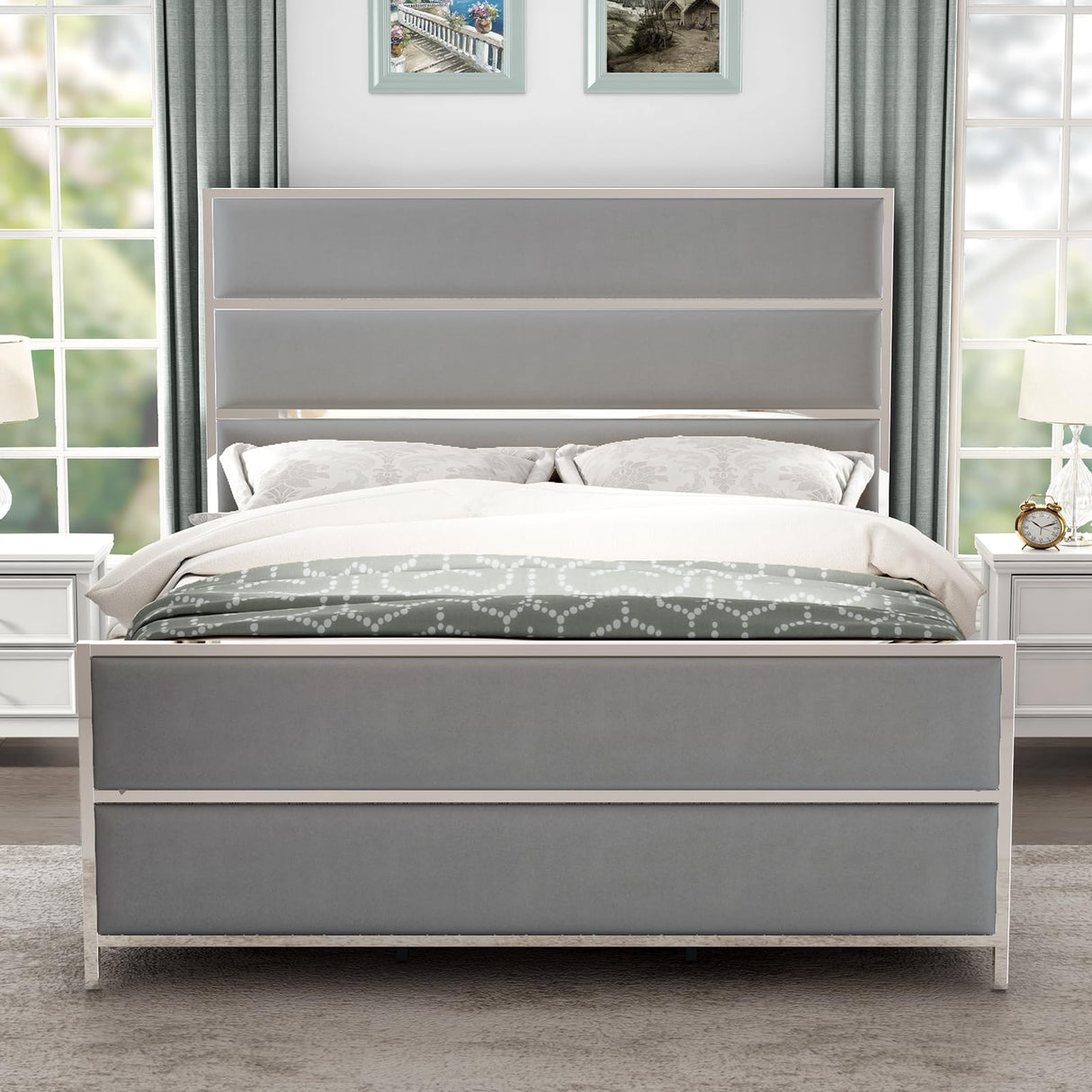 Queen Size Bed Frame with 59" Tall Headboard, Velvet Upholstered Platform Bed