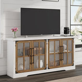 Farmhouse TV Stand with 4 Glass Doors, Modern Buffet Sideboard Cabinet