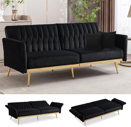 Velvet Convertible Futon Sofa Bed with Golden Metal Legs,