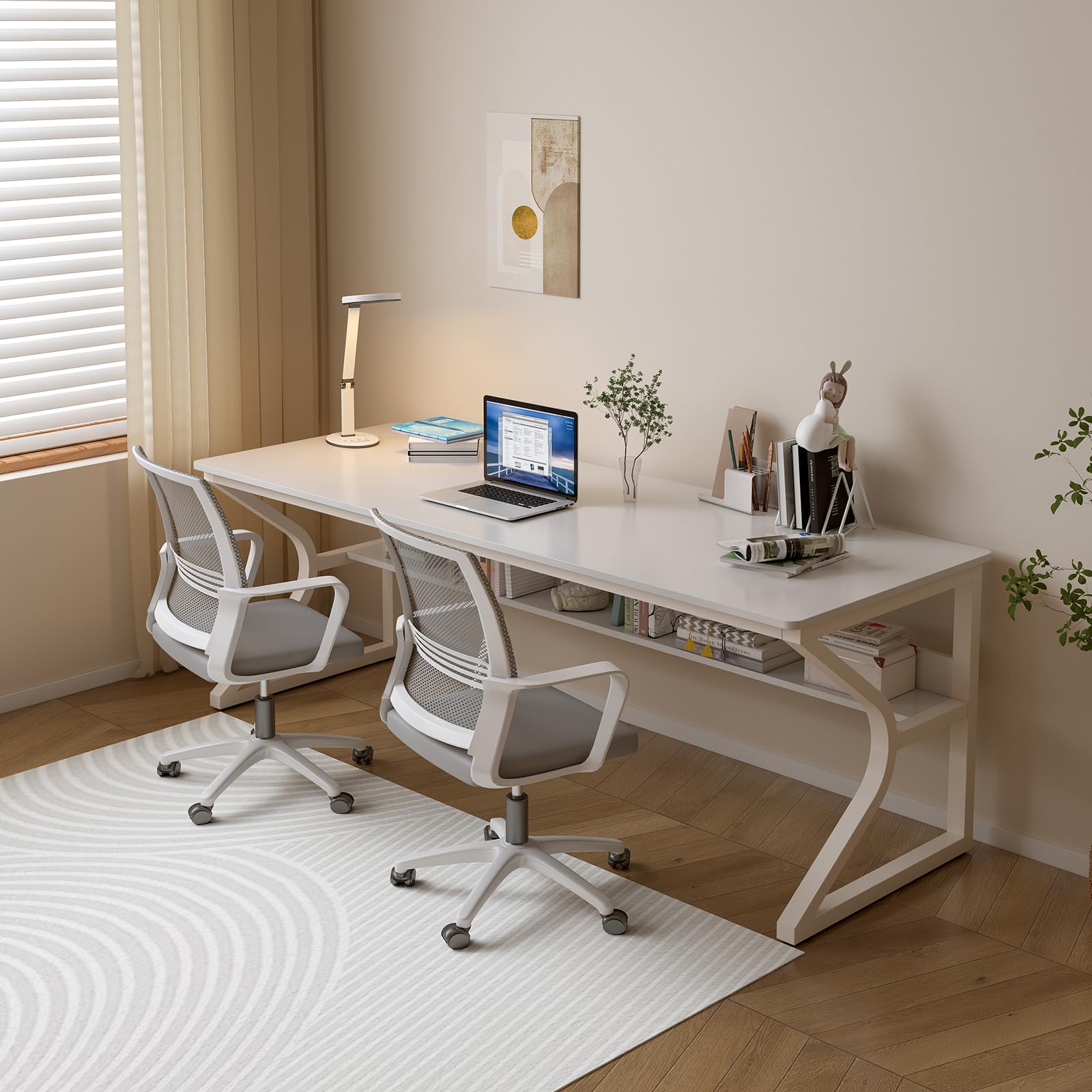 Extra Long Desk with Bookshelf - 71" Double Long Writing Table for 2-Person Workstation