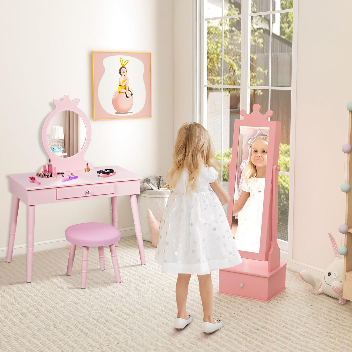 Kids Mirror Jewelry Cabinet, 44.5" Full Length mirror with Jewelry Storage