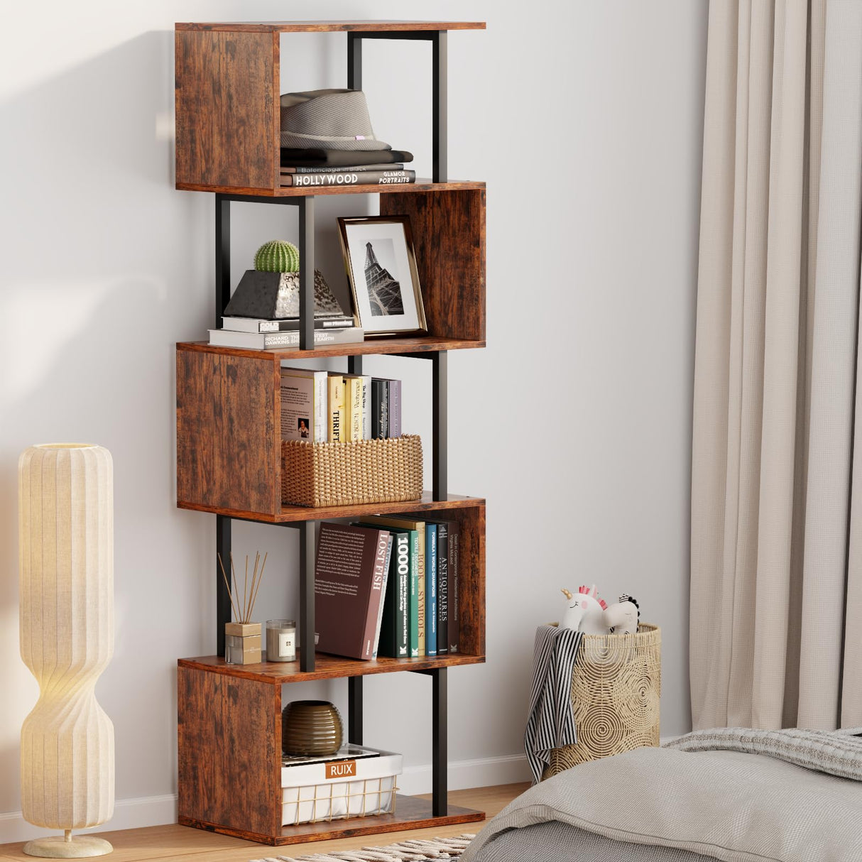 6-Tier Bookshelf, Tall S-Shaped Geometric Bookcase, Industrial Freestanding Display Shelf