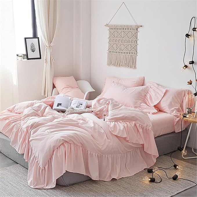 Ruffle Duvet Cover Queen Size,100% Washed Microfiber 3pcs Bedding Duvet Cover Set
