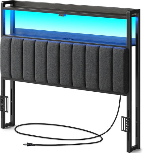 Headboard for Full Size Bed with Storage, 60,000 DIY Color of LED Light, Head Board with USB & Type C Port, Height Adjustable, Black Upholstered Cabeceras de Cama Comfortable Modern, Stable