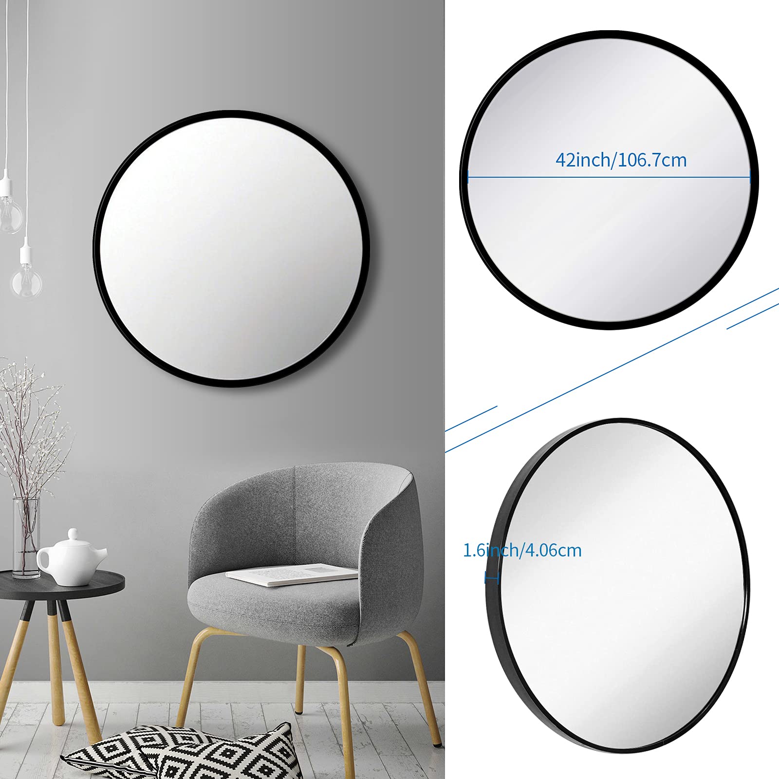 42" Large Round Mirror Circle Wall Mirror, Black Metal Framed Huge Farmhouse Hanging