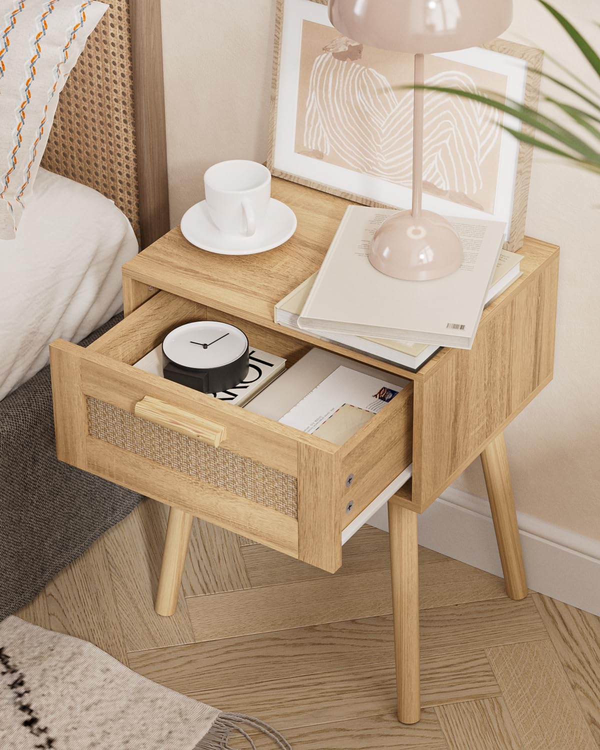 Bedroom Nightstands Wooden Night Stands with Rattan Weaving Drawer Home Bedside