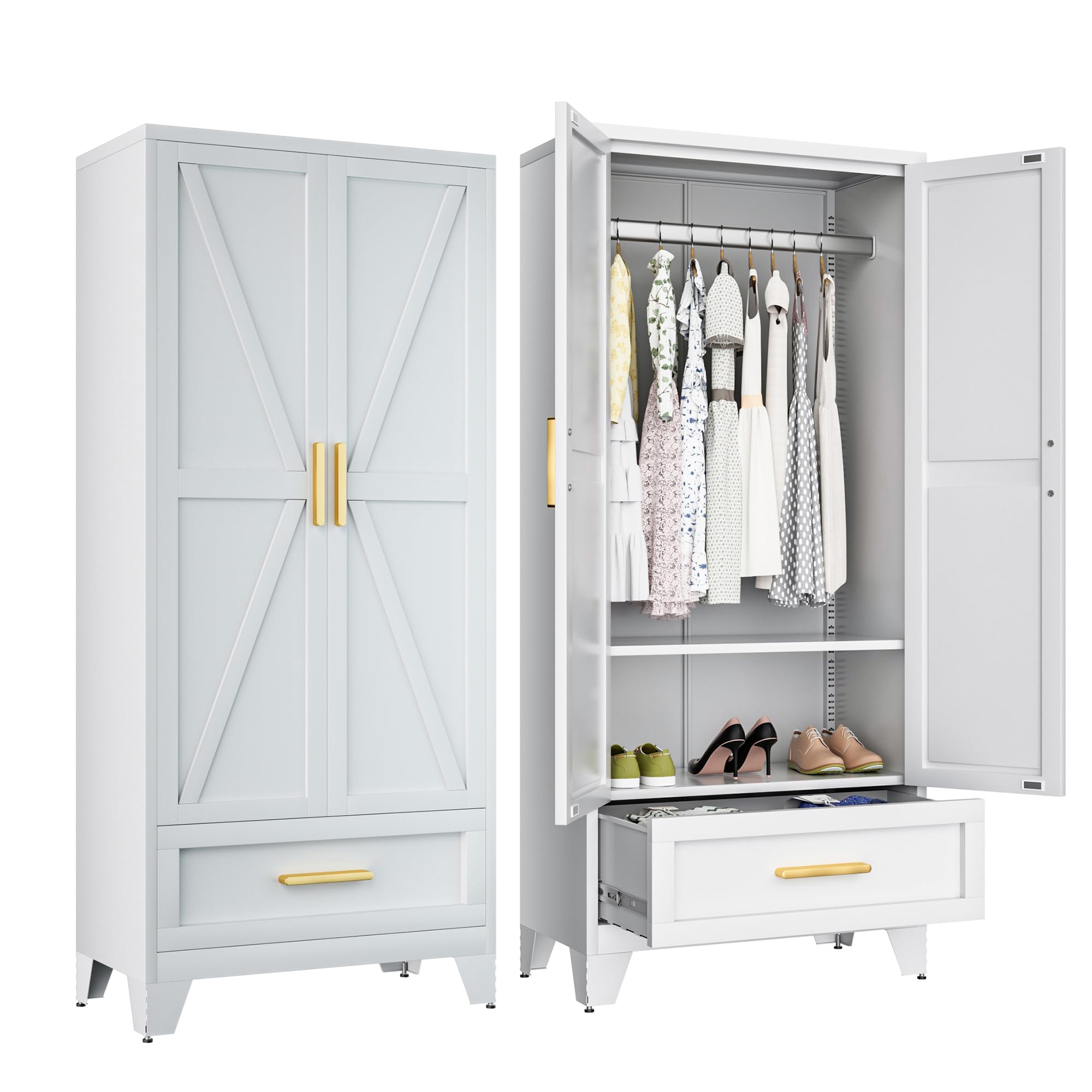 Metal Wardrobe Cabinet,71 Armoire Wardrobe Closet with Drawers and Hanging Rod
