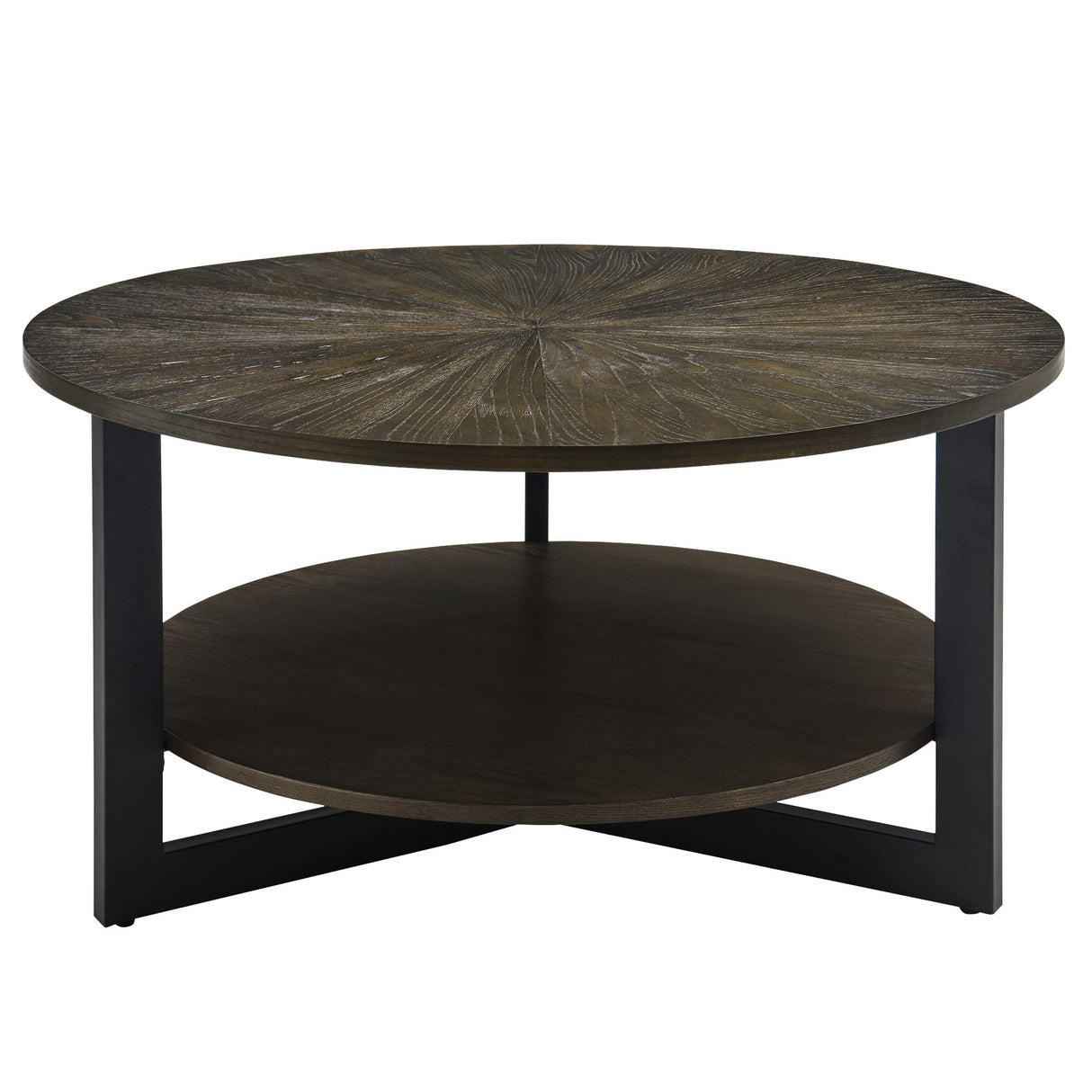 Round Coffee Table with Storage Shelf, Farmhouse Living Room Cocktail Table